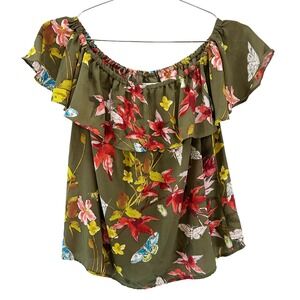 MAEVE Boho Floral Ruffle Off-shoulder Blouse • XS • Olive green, red, yellow